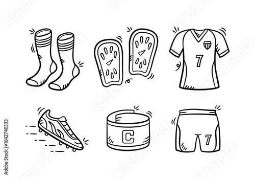 Football equipment hand drawn illustration. Set of soccer kit collection vector icon doodle. Containing sport jersey, socks, shoes, captain armband, shin protector outline style design.