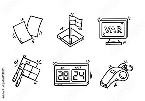 Football referee equipment hand drawn illustration. Set of soccer referee kit vector icon doodle. Containing linesman and corner flag, yellow and red card, var, whistle, substitution board.