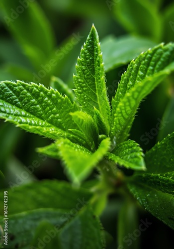 Fresh Green Mint Leaves Close-up with Dew Drops on Bright Background