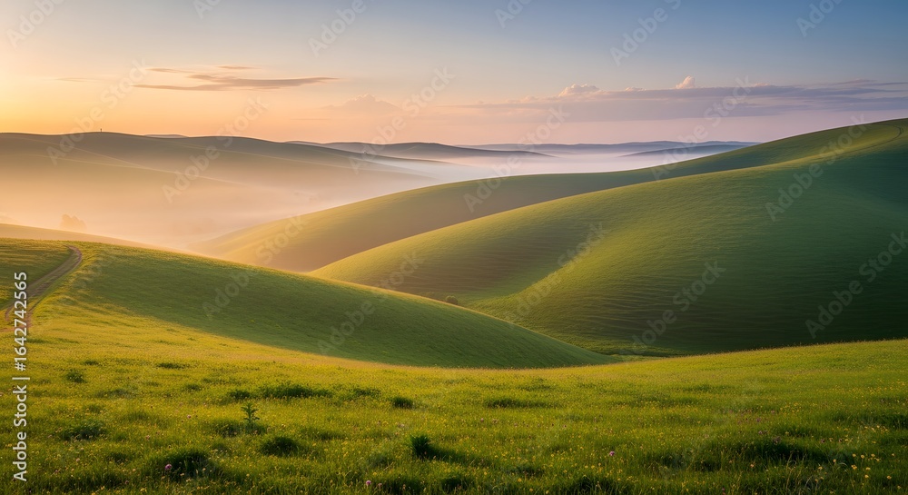 Fototapeta premium Serene sunrise over rolling green hills and misty valleys.