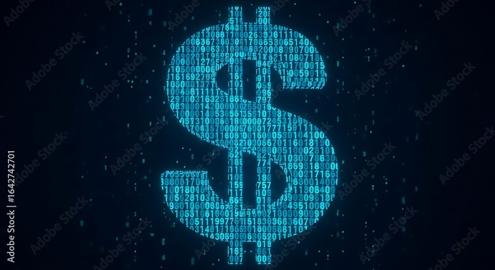 Obraz premium A glowing digital dollar sign composed of binary code.