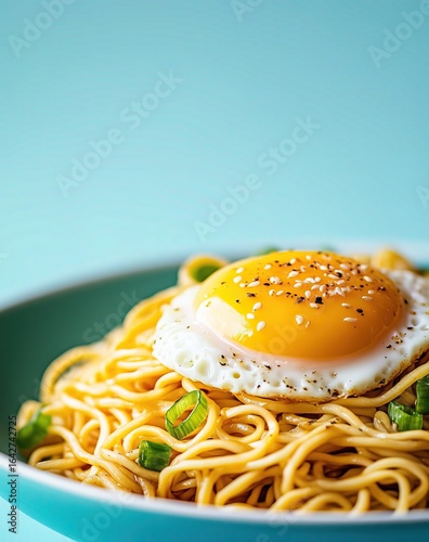 Noodle with Soft-Boiled Egg on Blue Background, Editorial Food Photography, Healthy Breakfast Social Media Content