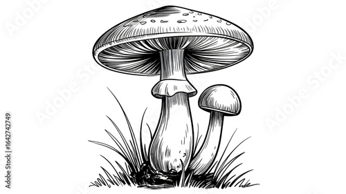 Mysterious dark fantasy mushrooms sketched with dramatic light and shadow, evoking enchantment