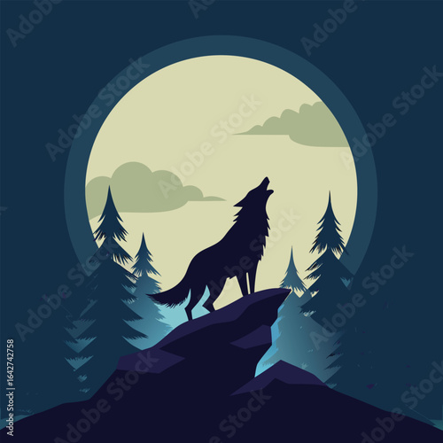 A lone wolf howls at a full moon, surrounded by a dense forest under a starry night sky.