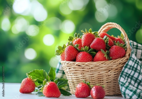 Fresh Strawberries in Bamboo Basket on Table with Green Bokeh and Checkered Cloth