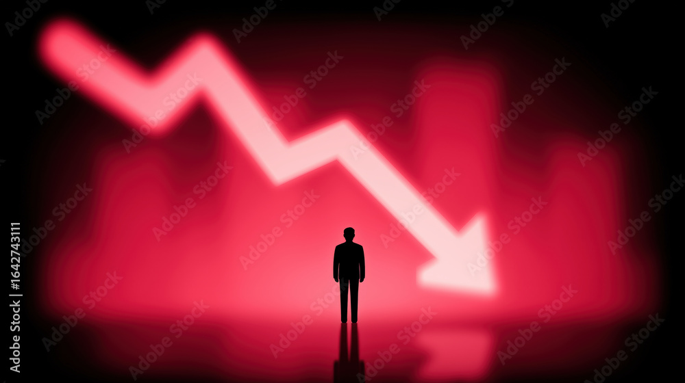 Fototapeta premium Silhouette of person standing in front of red downward arrow symbolizing financial loss or decline with blurred background