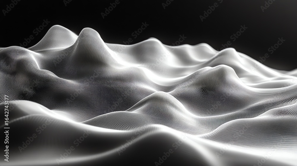 Obraz premium Abstract Metallic Surface with Smooth Curves and Illuminated Waves in Black Background