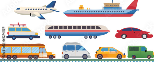 A vector illustration featuring a set of transportation icons, including cars, buses, bicycles, and trains.