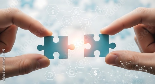 Two hands holding jigsaw puzzle pieces, about to connect, with a blurred background of digital connections.