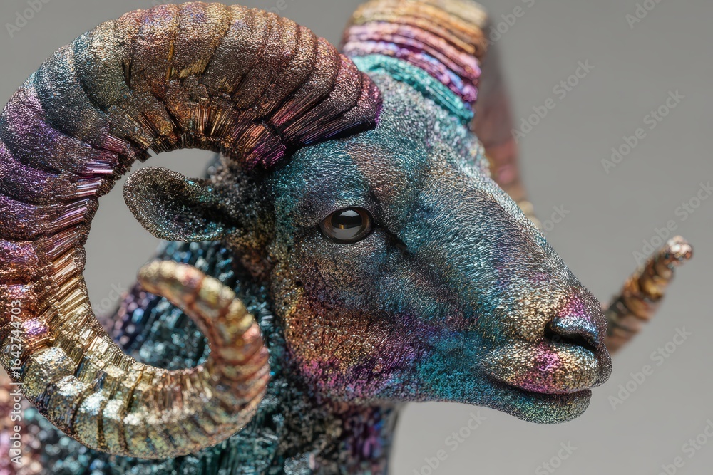 Naklejka premium Iridescent Ram Head Sculpture with Detailed Horns and Metallic Sheen