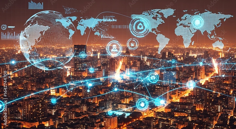 Obraz premium Illuminated city skyline overlaid with digital network connections and global data visualization.