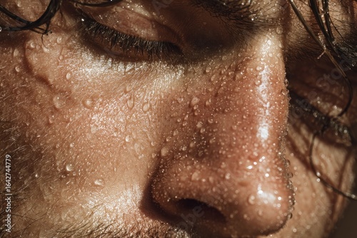 Close-up of a man's face with sweat