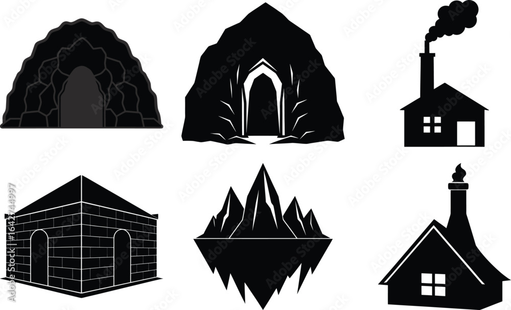 Fototapeta premium Collection of six stylized black silhouettes of buildings and structures