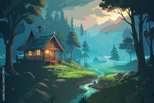 A cartoon style house nestled in the woods beside a gently flowing stream, surrounded by trees and greenery.