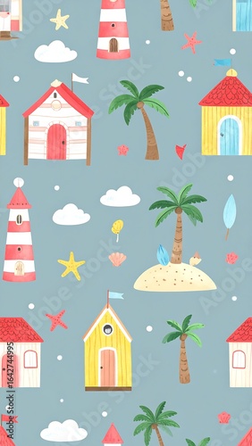 Repeating pattern of beach houses, lighthouses, palm trees, and starfish on a light blue background