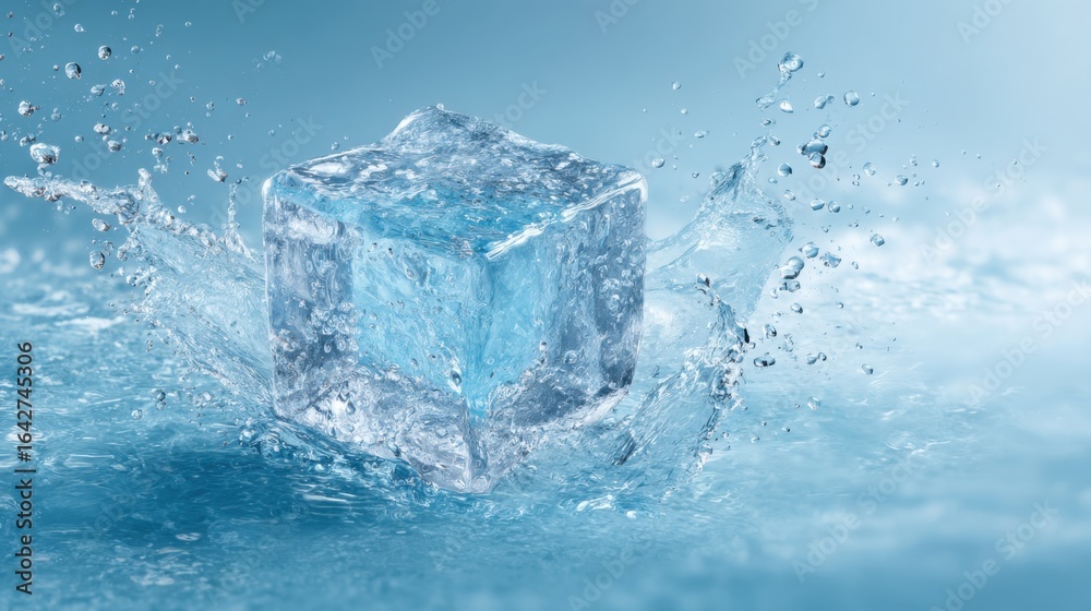 A perfectly shaped ice cube drops into clear water, creating a dynamic splash. The scene is illuminated by bright sunlight, enhancing the vivid blue tones of the surroundings. A perfectly shaped ice cube drops into clear water, creating a dynamic splash. The scene is illuminated by bright sunlight, enhancing the vivid blue tones of the surroundings.