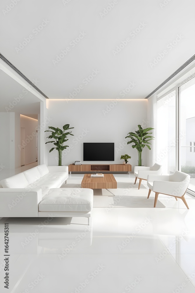 Fototapeta premium Bright modern minimalist living room interior with white furniture, large windows, natural light, indoor plants, and elegant decor creating a clean contemporary home atmosphere