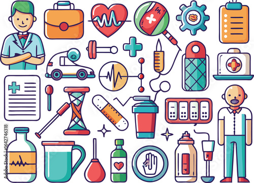 Assortment of medical and healthcare flat design icons