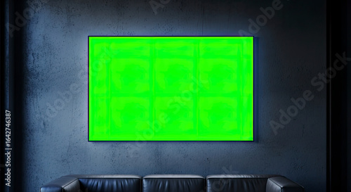 Large green screen TV on a dark textured wall in a modern living room interior.
