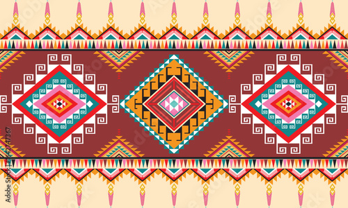 A bold modern tribal geometric pattern with symmetrical shapes and vibrant color contrasts. Perfect for textiles, fashion, and boho-inspired design.