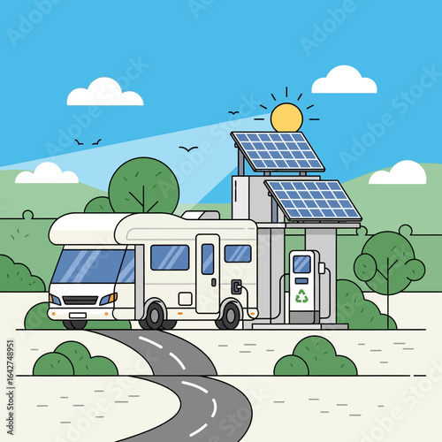 Future of eco-friendly road trips with an electric motorhome powered by renewable solar energy.
