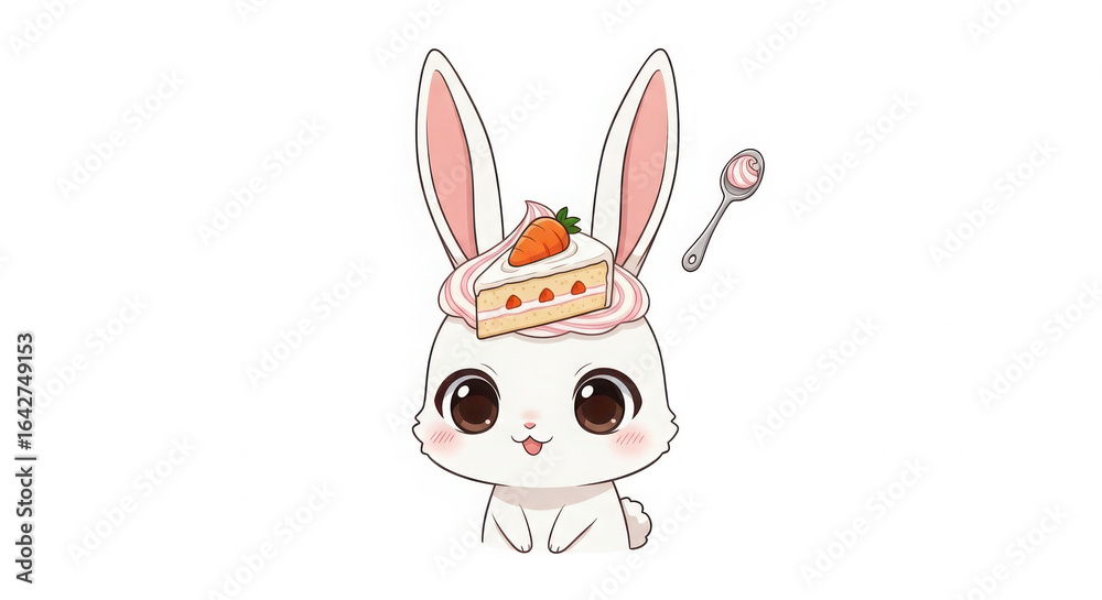 Fototapeta premium Cute bunny with a slice of cake on its head and a spoon isolated on white background
