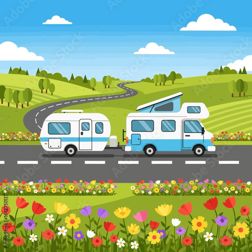 Camper van with a travel trailer driving on a scenic road through a vibrant spring landscape with colorful flowers.