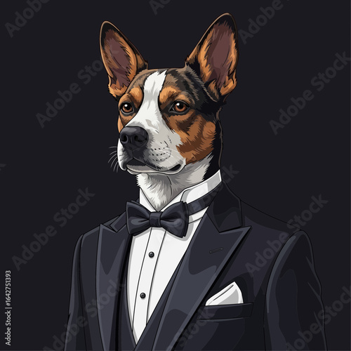 An elegant Basenji dog dressed in a sharp black tuxedo and bow tie. Formal anthropomorphic animal portrait illustration on a dark background.