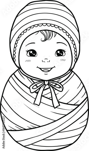Adorable baby wrapped in striped blanket, smiling infant portrait, cute newborn illustration, cozy winter wear, baby bonnet with ribbon, sweet baby face, charming baby art, warm clothing, happy baby