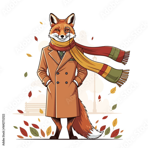 Dapper anthropomorphic red fox in a stylish overcoat and scarf enjoying a windy autumn day in the park. Whimsical character illustration.