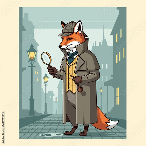 A cunning fox detective, dressed in a classic trench coat and hat, investigates a mysterious footprint on a foggy Victorian-era street.