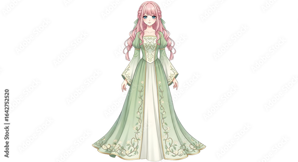 Obraz premium Elegant anime princess with flowing pink hair and delicate green gown, exuding grace and beauty.
