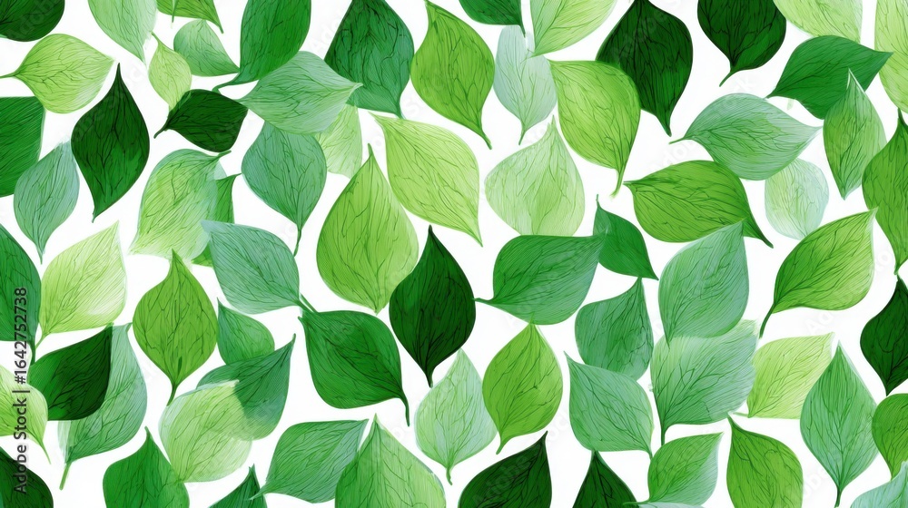 Fototapeta premium A multitude of green leaves fill the canvas with diverse shapes and shades. The pattern displays natural beauty, emphasizing the freshness and vitality of foliage in an artistic design.