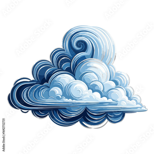 Artistic illustration of a turbulent blue cloud with swirling, ornate lines. Abstract weather concept isolated on white.