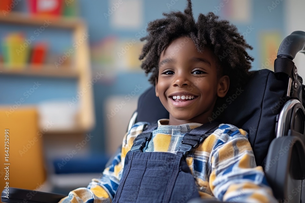 Fototapeta premium Inclusive image of a happy gay female employee with blue hair sitting in a wheelchair in a diverse and accessible DEI workplace. The image celebrates Pride Month and inclusion, Generative AI