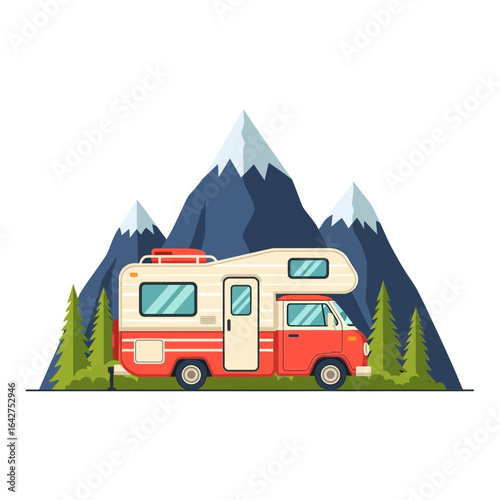 Vintage camper van on a scenic road trip adventure in a mountain forest landscape. Motorhome camping travel vacation illustration.
