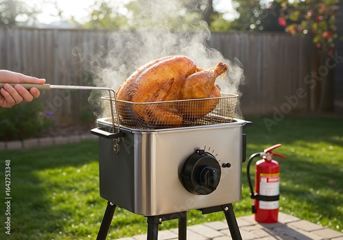 Golden brown turkey in backyard fryer