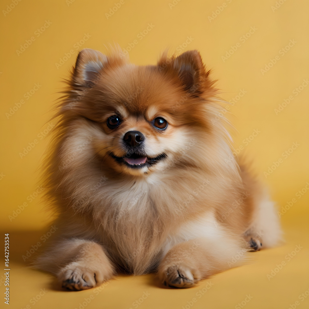 Obraz premium Adorable Pomeranian Puppy Smiling on Yellow Backdrop a Captivating Portrait of Canine Cuteness and Fluffy Charm Displaying Joyful Expression