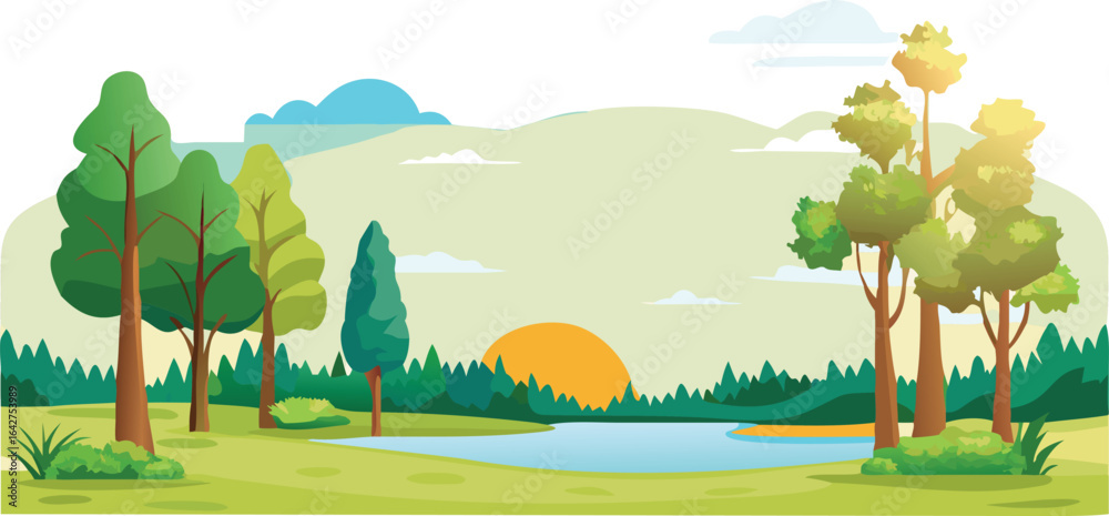 Naklejka premium Vector illustration of a serene forest landscape featuring a tranquil lake surrounded by lush trees.