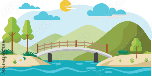 A scenic bridge spans a river, surrounded by lush trees and majestic mountains in the background.