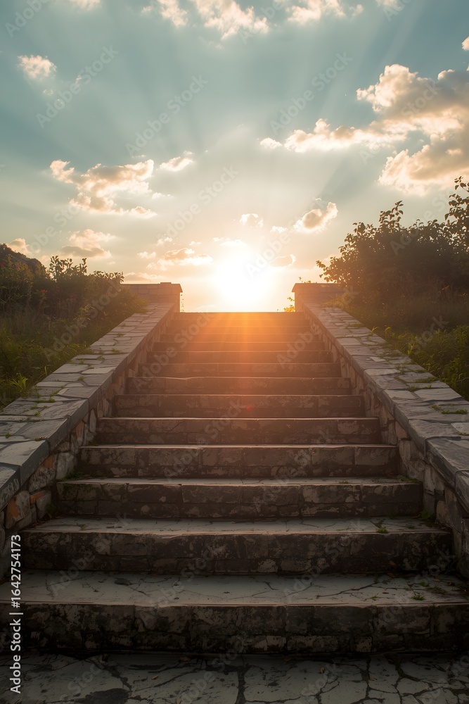 Obraz premium Stone staircase leading upward toward the bright horizon with scenic sunset and dramatic sky, symbolizing hope, success, achievement, and future vision in inspirational background
