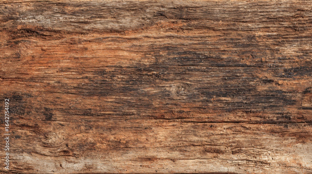 Fototapeta premium A close-up view of a weathered wooden surface reveals deep grooves, rich browns, and textures that tell the story of time and natural elements. This rustic backdrop evokes warmth and history.