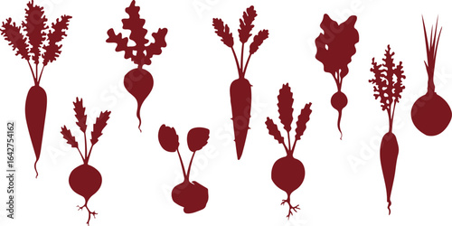 Root Vegetable Silhouette Vector Set – Carrot, Beet, Radish, Plant, Harvest, Agriculture, Farming, Garden, Food, Crop, Healthy, Organic, Nutrition, Culinary, Minimal, Red, Icon, Design