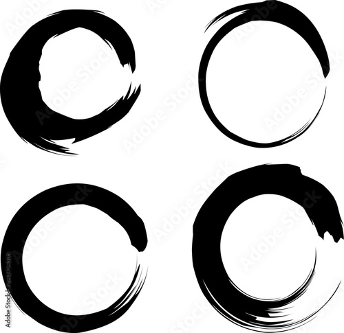 Minimalist black ink brush circles set on white background, inspired by Japanese Zen enso art, perfect for logos, meditation themes, or abstract designs.
