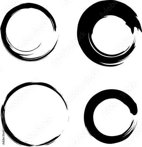 Minimalist black ink brush circles set on white background, inspired by Japanese Zen enso art, perfect for logos, meditation themes, or abstract designs.
