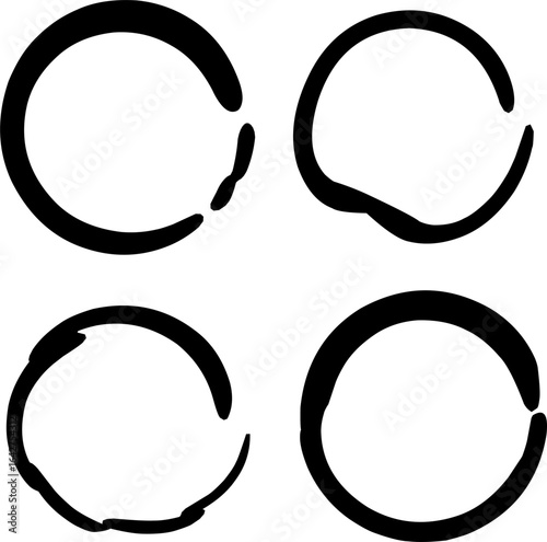 Set of four minimalist black brushstroke circles with open gaps, inspired by Zen enso art, perfect for meditation, logos, abstract, and modern design projects.

