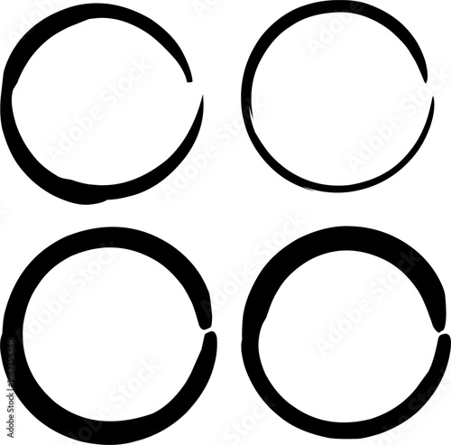 Set of four minimalist black brushstroke circles with open gaps, inspired by Zen enso art, perfect for meditation, logos, abstract, and modern design projects.
