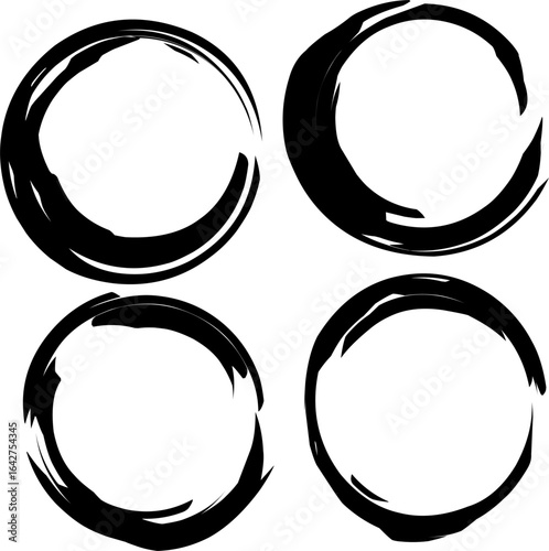 Minimalist black ink brush circles set on white background, inspired by Japanese Zen enso art, perfect for logos, meditation themes, or abstract designs.
