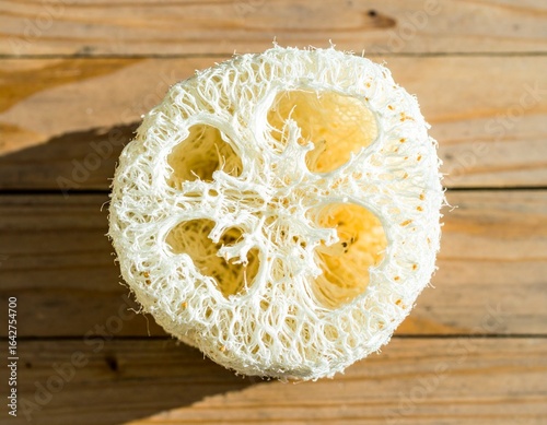 A single slice of a natural loofah sponge for exfoliating skincare, resting on a rustic wooden surface. Eco-friendly bath accessory.