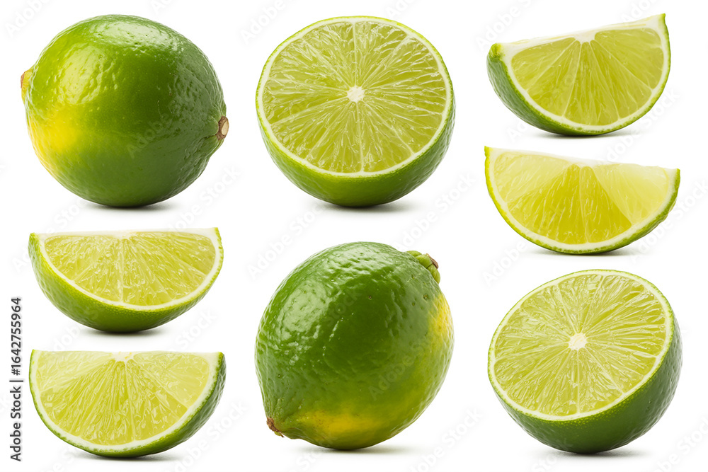Collection of fresh green limes and lime wedges arranged on a clean white background Collection of fresh green limes and lime wedges arranged on a clean white background